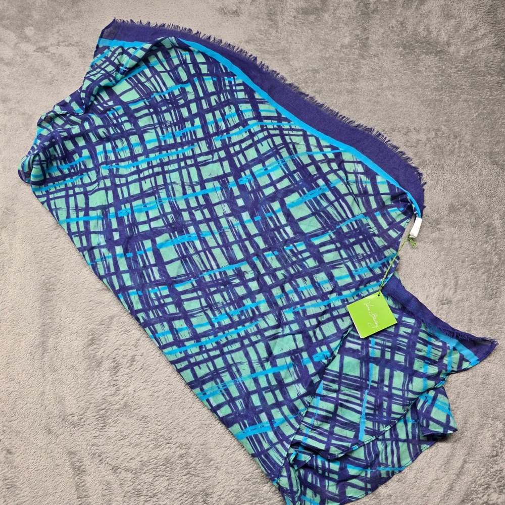 Vera Bradley Soft Fringe Scarf Womens Navy Teal Art Plaid Blue 14640-336 NWT